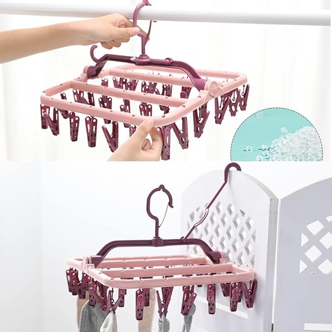 Clothes Drying Racks Foldable Clip Hangers Plastic with 32 Drying Clips Wind-Proof Hook Underwear Hanger for Socks Bras (Pink)