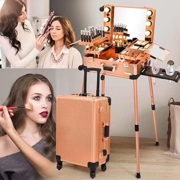 Aluminum Trolley Makeup Train Case with LED Lights Professional Cosmetic Organizer Studio with Speaker, Wheels and Stands Rolling Lighted Makeup Vanity Station for Travel (Rose Gold)