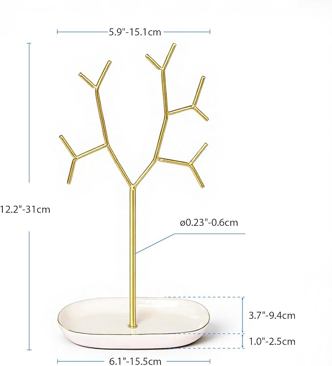 Elegant Jewelry Holder Tree Stand with Ceramic Tray - Metal Necklace Holder Organizer for Rings Bracelets Earrings - Tangle Free, Rustproof Decorative Display for Vanity Dresser
