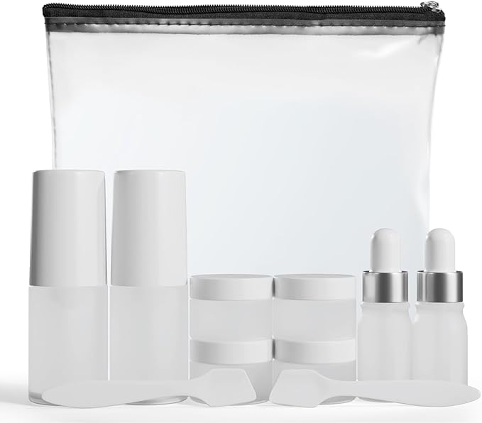 11 Piece Travel Skincare Containers Set - TSA Approved Toiletry Bag & Travel Size Toiletries Bottles - Airless Pump, Dropper Bottles & Travel Size Containers for Serums, Moisturizers, & Oils