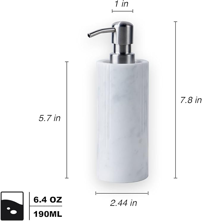 Luxurious White Marble Soap Pump Dispenser for Countertop, Bathroom & Kitchen, Hand or Dish Liquid Soap/Lotion 304 Steel Pump Bottle, Italy Carrara, Vanity