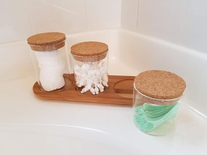 Glass Jar Set on Bamboo Tray, Natural Cork Lids, Bath Item Qtip Cotton Ball Canisters, Seasonal Display Decor, Centerpiece