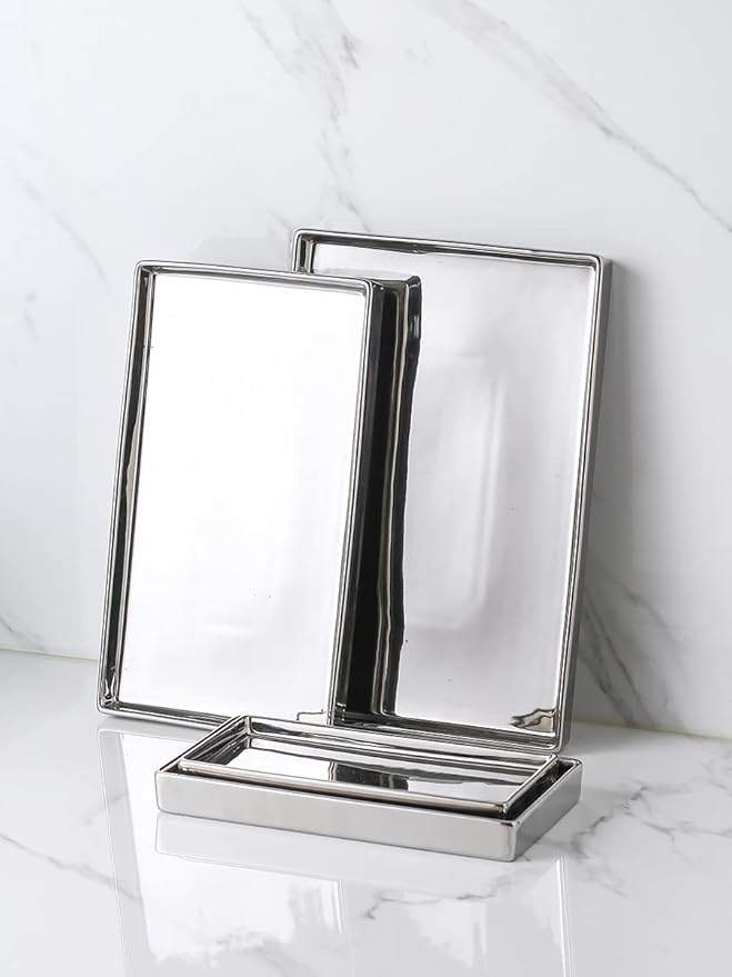 Ceramic Trinket Tray Rectangte Vanity Jewelry Organizer Makeup Mirror Tray Silvery Medium