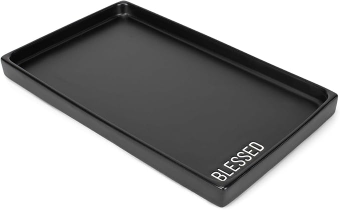 NAT & Jules Blessed 10 x 6 inch Ceramic Stoneware Vanity Tray - Perfect Bathroom or Kitchen Counter Organization Décor: Sponge Holder, Soap Dish, Jewelry and Perfume Tray, Blessed Black