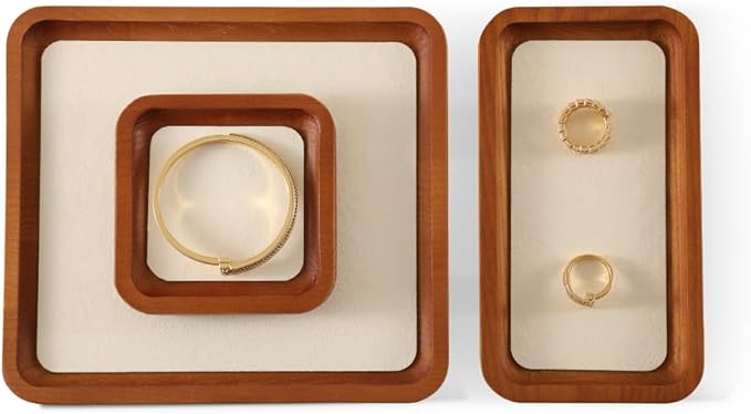 Wooden Jewelry Display Tray Rounded Rectangle Ring Showcase Stackable Elegant Bracelet Watch Jewelry Organizer for Personal Use and Commerce (Old Lace, Medium-W 3.9'' x H 0.6'' x L 7'')