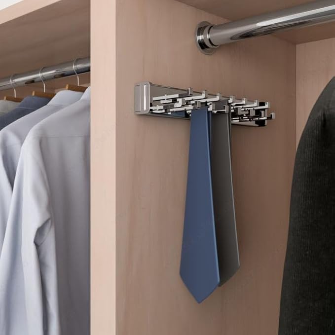 15-Hook Designer Wardrobe Reversible Closet Tie Rack with 11.22 Inch Retractable Pullout Extension (Polished Chrome)