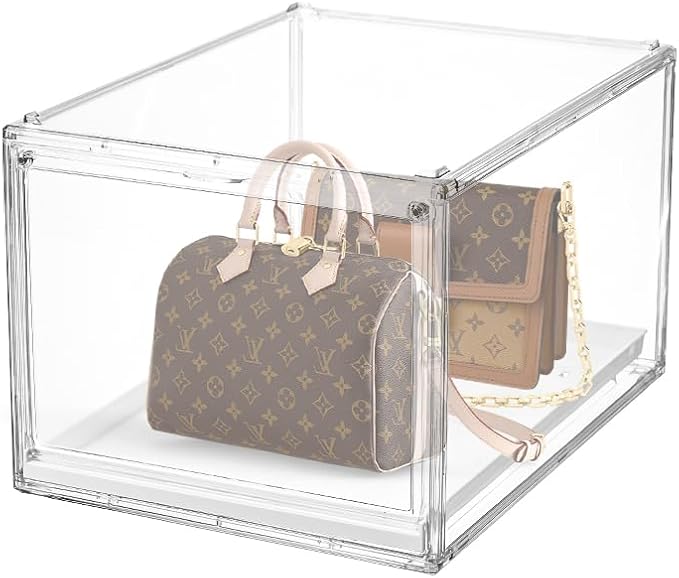 Stackable Clear Handbag Display Case for Closet with Drawers, Acrylic Box Display Case Showcase with Magnetic Door, Plastic Storage Bins Storage Drawers Containers for Organizing