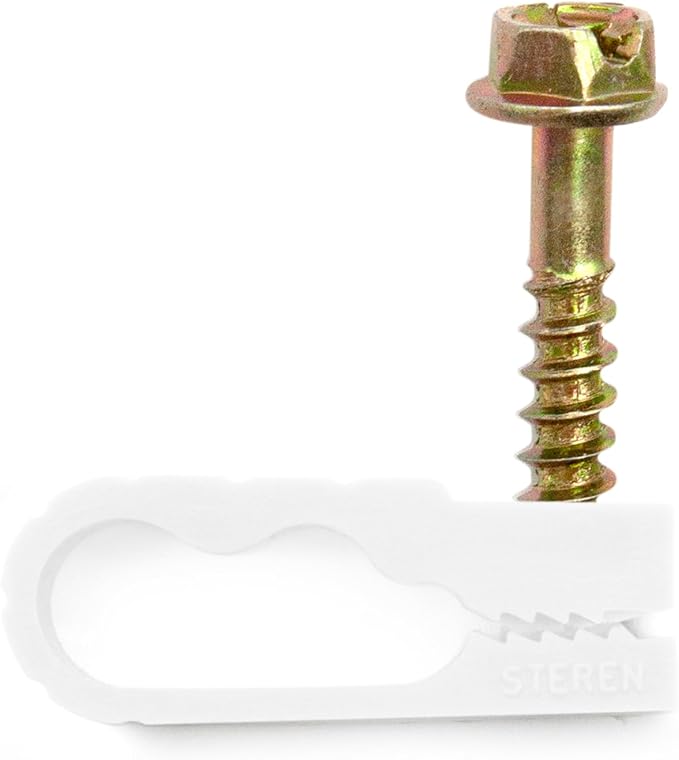 STEREN Coaxial Cable Clips - Cable Holder - Wire Clips - Siding Clips for Hanging - Cord Holder for Desk - Cable Clamps (White, 100 Count - Dual Screw)
