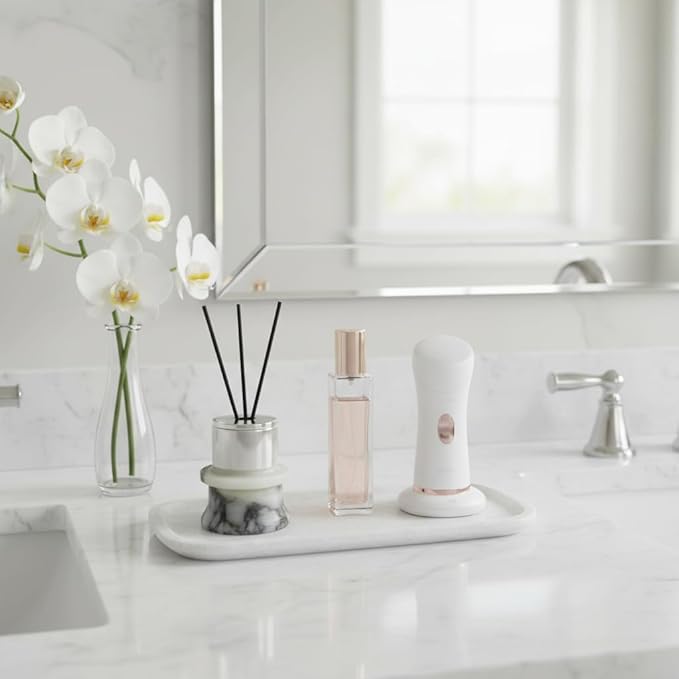 Marmor 100% Natural Marble Bathroom Tray for Perfume, Candles, Jewelry Stone Vanity, Bathroom & Kitchen Counter Organizer and Home Decor (Small White Crystal Tray)