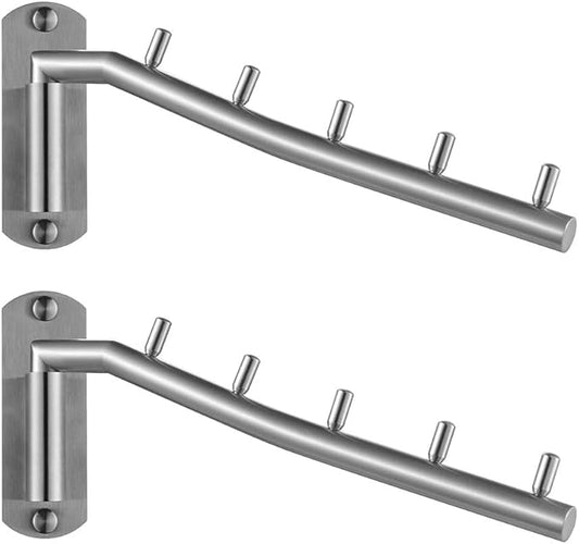 JQK Folding Clothes Hanger Rack, Stainless Steel Swing Arm Hook Holder, Clothing Hanging System Drying Closet Storage Organizer Brushed Finished Wall Mount 2 Pack, SHR100-BN-P2