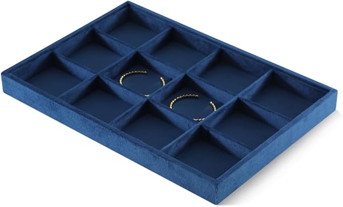 Velvet Stackable Jewelry Display Tray, 12 Grid Watch Bangle Bracelet Storage Tray, Makeup Drawer Insert Jewelry Shop Organizer Plate (Blue)