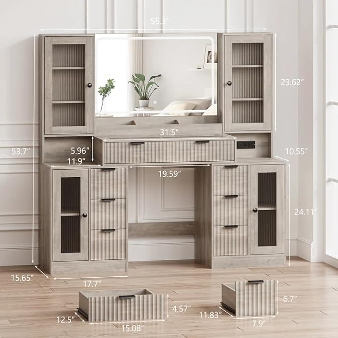 Fluted Makeup Vanity Desk with Mirror and Lights, 55" Glass Top Vanity with 8 Drawers & 4 RGB Glass Cabinets, Adjustable Shelves & Power Outlet, Modern Dressing Table Set for Women Girls Bedroom