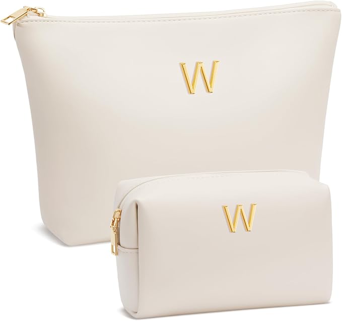 Valentine's Day Gifts for Women Girlfriend Initial Makeup Bag for Teen Girls Personalized Gifts for Friend Teacher Mom Wife Cosmetic Travel Toiletry Bag(Beige,W)