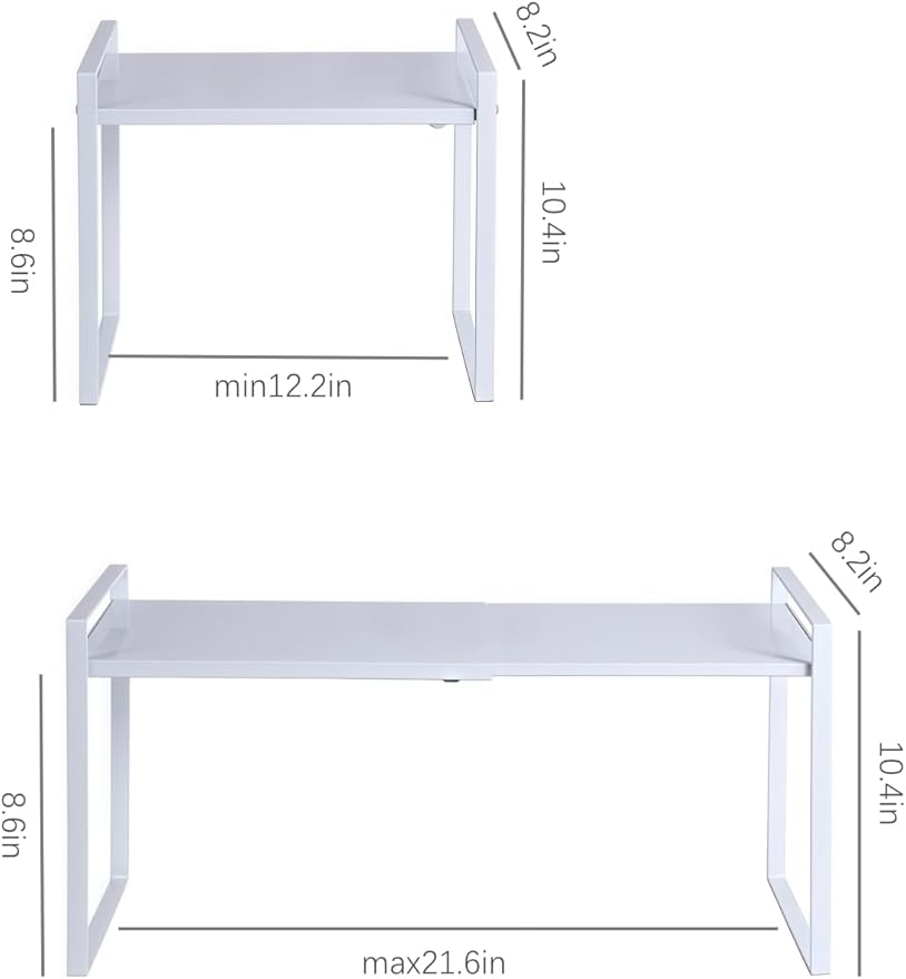 2 Pack Expandable Cabinet Shelf Organizer Riser for Kitchen Pantry Cupboard Under Sink Countertop (2 Pack 8.2’’D * 12.2-21.6’’W * 10.4’’H) (White)