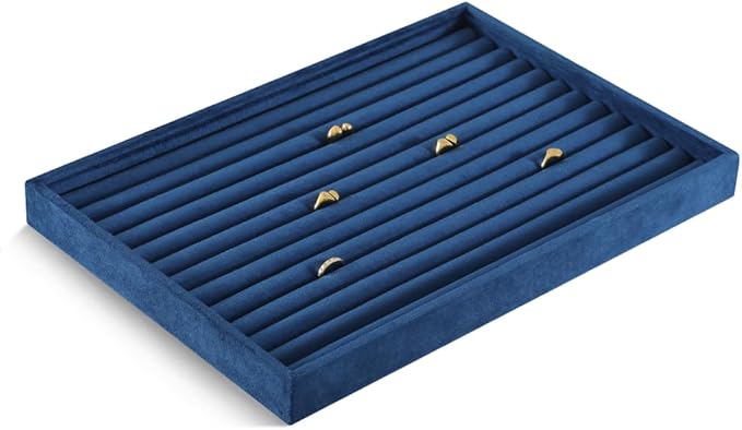 Velvet Ring Display Tray, Stackable Muilt Slot Rings Ear Stud Storage Tray, Drawer Insert Jewelry Accessories Organizers Plate (Blue)