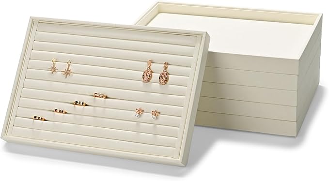 24 Grids Necklace Display Tray, Stackable Jewelry Organizer Trays, Microfiber Necklace Bracelet Pendant Holder Storage Display (Beige)