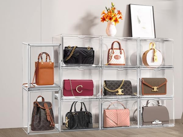 1 Pack Size 14 Acrylic Boot Shoe Box, X-Large Handbag Organizer Clear Storage Bins with Magnetic Lid Acrylic Display Case for Shoes, Book, Cosmetic, Figures, Collectibles, Purse