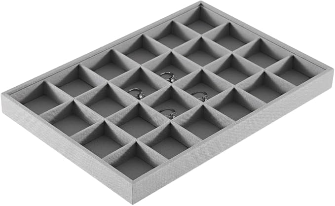 Linen 24 Grid Stackable Rings Earrings Display Tray, Brooch Ear Stud Cufflinks StorageTray, Jeweler Shop Counter Showcase Table Top Organizers, Makeup Table Drawer Insert Jewelry Tray