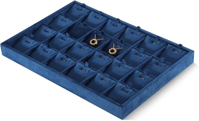 Velvet Necklace Display Tray, Stackable 24 Grid Insert Pendant Necklaces Storage Holder Plate, Jewelry Retail Countertop Organizer (Blue)