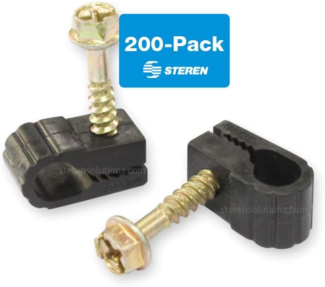 STEREN Coaxial Cable Clips - Cable Holder - Siding Clips for Hanging - Cord Holder for Desk - Cable Clamps - Cord Clip - Wire Organizer Clips - Tv Mount Screws (Black, 200 Count - Single Screw)