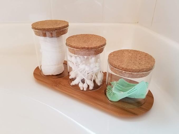 Glass Jar Set on Bamboo Tray, Natural Cork Lids, Bath Item Qtip Cotton Ball Canisters, Seasonal Display Decor, Centerpiece