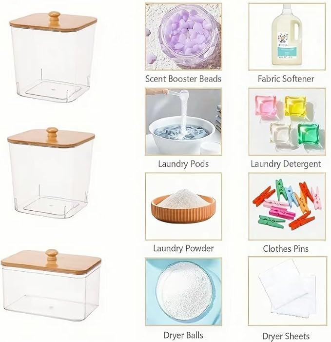 4+2-Piece Laundry Storage box: Includes transparent laundry pod storage box (with wooden lid and label) and liquid detergent container. Suitable for fabric softener, powder detergent, and laundry pods