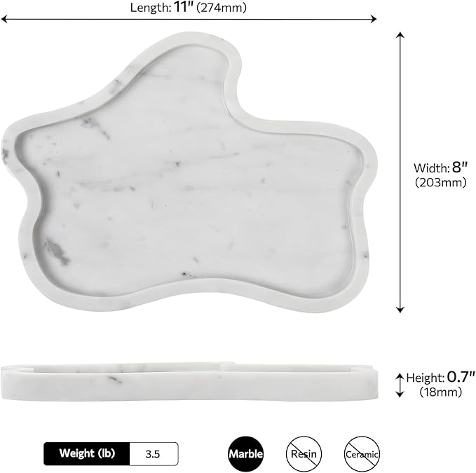 Carrara White Marble Tray, Marble Vanity Tray 10.8" x 8", Bathroom, Decor for Trinket Perfume Jewelry Candle, 11 Inch Cloud