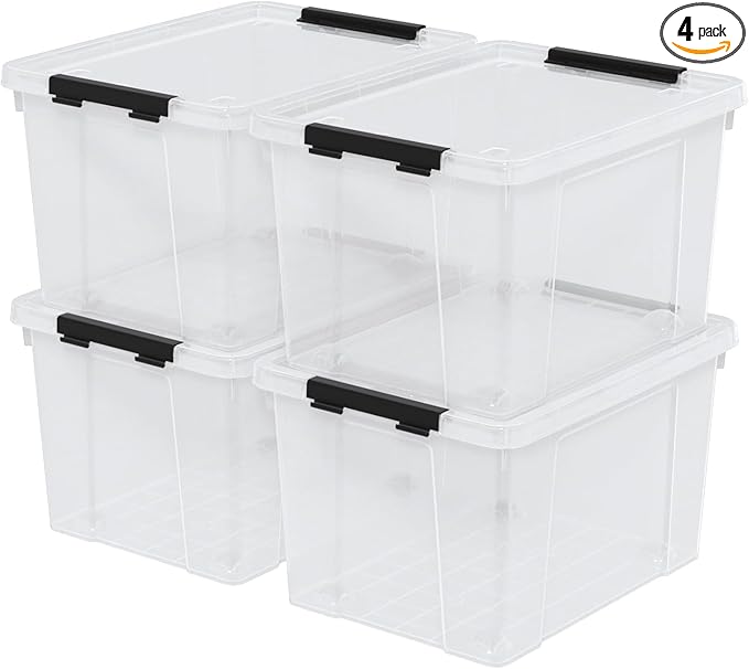 40 Quart Clear Plastic Storage Box with Lid and Wheels, Large Storage Bin, 4 Packs