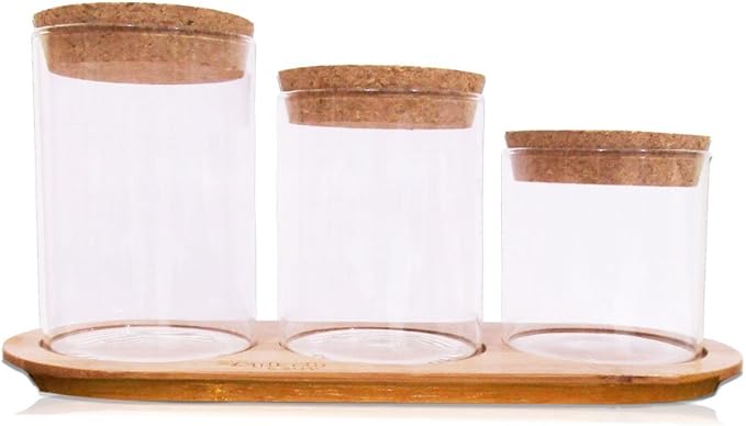 Glass Jar Set on Bamboo Tray, Natural Cork Lids, Bath Item Qtip Cotton Ball Canisters, Seasonal Display Decor, Centerpiece