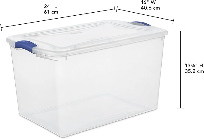 2 Pack 66 Quart Durable Storage Bin – Clear Plastic Container with Secure Blue Latch Lid, Stackable for Home, Closet, Garage, Basement & Attic Organization