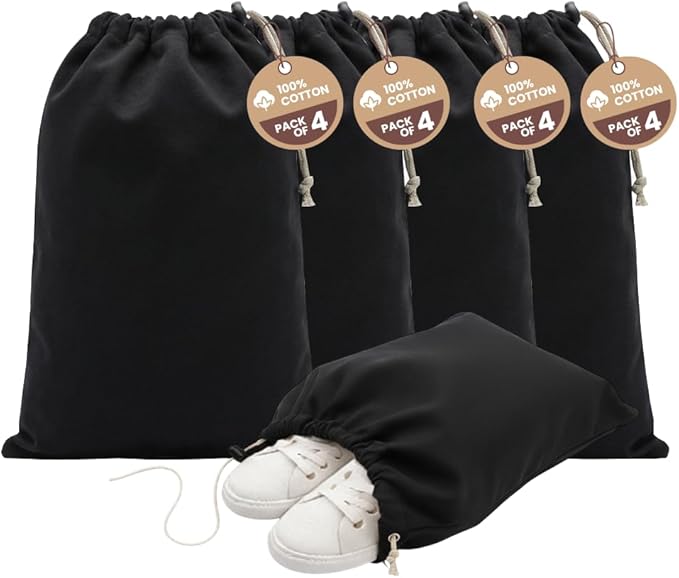 LFH Cotton Shoe Storage Bags with Drawstring, Dustproof Breathable Reusable Organizer, Perfect For Travel, Dorm, Hotel, College, Gym, Easy to Carry, Machine Washable 12"x17" (Pack of 4) - Black sand
