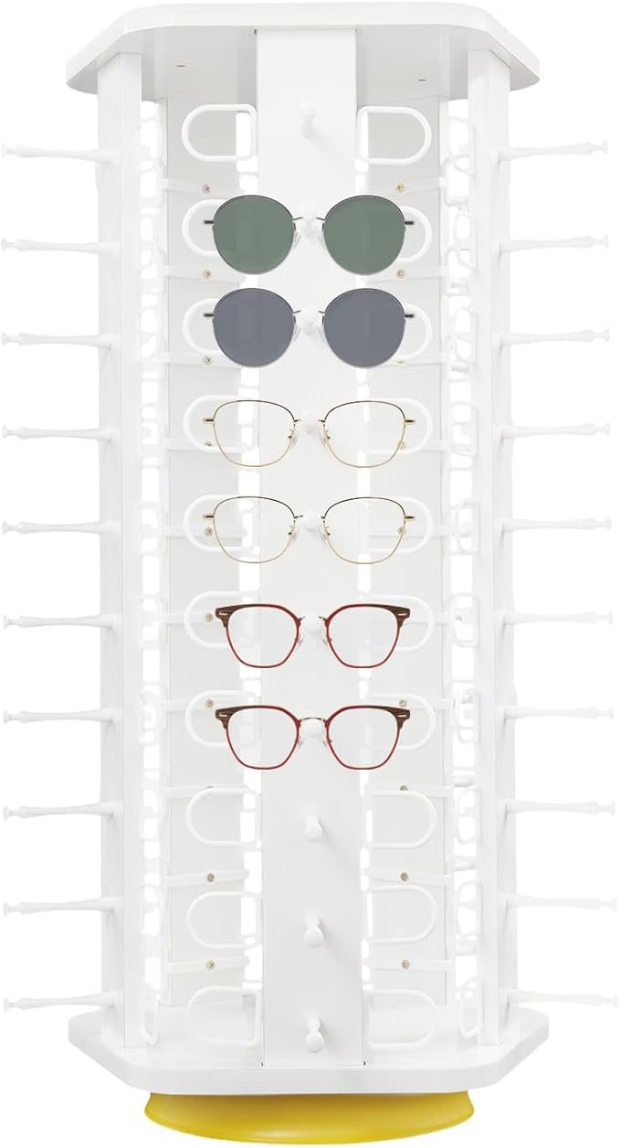 50 Pairs Glasses Rack, 360° Rotating Sunglasses Display Rack, 5-Sided Eyeglasses Storage Organizer, Eyewear Holder, Commercial Sunglasses Display Stand, White