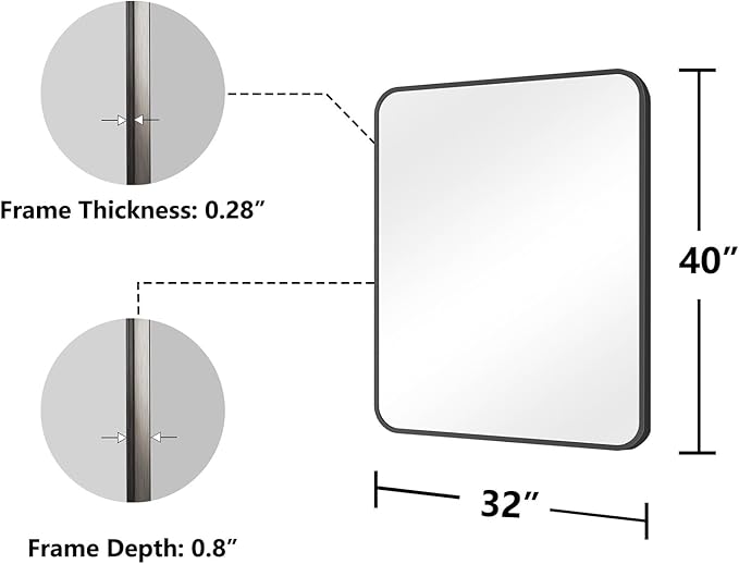 Koonmi Bathroom Mirror, 40X32 Brushed Black Metal Framed Wall-Mounted Mirror for Over Sink, HD Tempered Glass, Anti-Rust, Rounded Rectangle Mirror for Restroom, Bedroom, Hangs Horizontal or Vertical