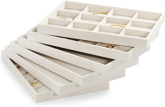 Linen Jewelry Tray Stackable Jewelry Drawer Organizer Trays Necklace Bracelet Holder Storage Display(Beige)