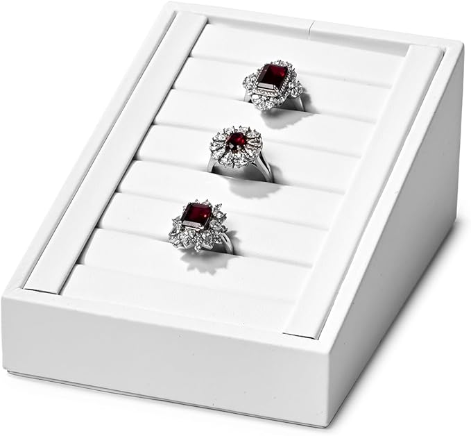 Oirlv Premium PU Leather Ring Tray Display Stand Slotted Jewelry Showcase Display Jewelry Organizer Ring Holder for Trade Show(White)
