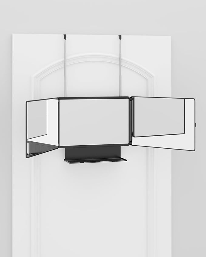 Dripex 3 Way Mirror with Storage Shelf, Trifold Self Haircut 360° Barber Mirror with Height Adjustable Hooks for Makeup, Styling, Shaving, Braiding, Dye Hair