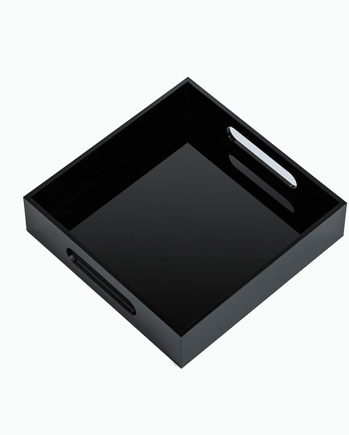 Black Sturdy Acrylic Tray with Handles-8x8 Inch- Countertop Organizer Tray for Kitchen,Bathroom,Office- Storage Box for Cosmetics, Jewelry,Toiletries,Toy,Gadgets