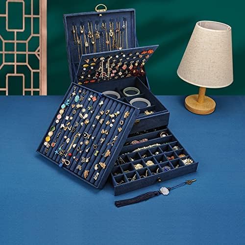 Jewelry Organizer 5 Layers Velvet Square Jewelry Box Women Necklace Ear studs Display Bangles Large Jewelry Storage Case Drawer GY306 (Navy)