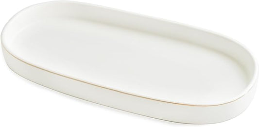 10x5 Bathroom Vanity Tray, Oval Ceramic Decorative Perfume Candle Tray for Bathroom/Kitchen Counter, White