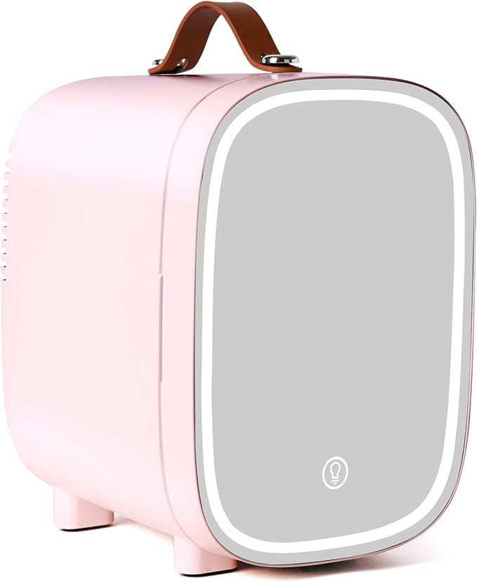Mini Fridge for Bedroom, 4 Liter/6 Can Skincare Fridge With LED Mirror,12v AC/DC Cooler & Warmer Portable Small Refrigerator for Drinks, Makeup, Dorm, Office and Car(Pink)