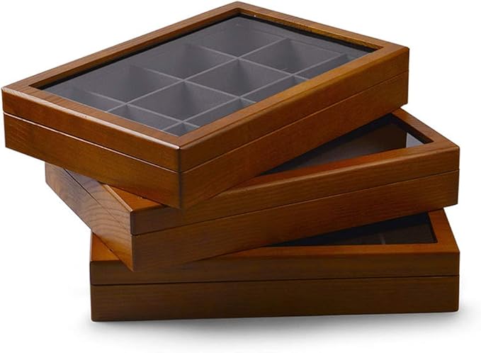 Oirlv 12 Grids Vintage Solid Wood Jewelry Box Microfiber Lining Earrings Bracelets Necklace Storage Jewelry Drawer Organizer Tray with Lid