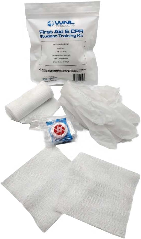 WNL Products 1402SF 100 Pack First Aid & CPR Training Kits for Students, Includes CPR Training Face Shield, Guaze Pads, Latex-Free Gloves & Bandages, 100 Pack