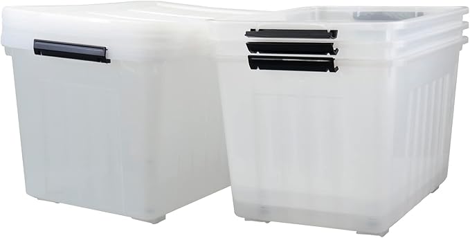 4-Pack Clear Large Plastic Storage Box with Wheels, 70 L Latching Storage Box