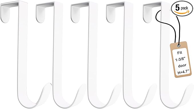 5 Pack Over The Door Hooks(L=4.7"), Over Door Hanger, Heavy Duty No Drill Hanger for Towels, Coats, Hats, Bags in Bathroom, Bedroom, Kitchen, Living Room-White