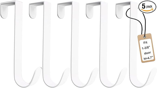 5 Pack Over The Door Hooks(L=4.7"), Over Door Hanger, Heavy Duty No Drill Hanger for Towels, Coats, Hats, Bags in Bathroom, Bedroom, Kitchen, Living Room-White