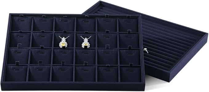 Linen Stackable Necklace Storage Tray, 24 Grid Pendant Display Tray, Jewellery Shop Counter Showcase Table Top Organizers, Makeup Table Drawer Insert Jewelry Tray