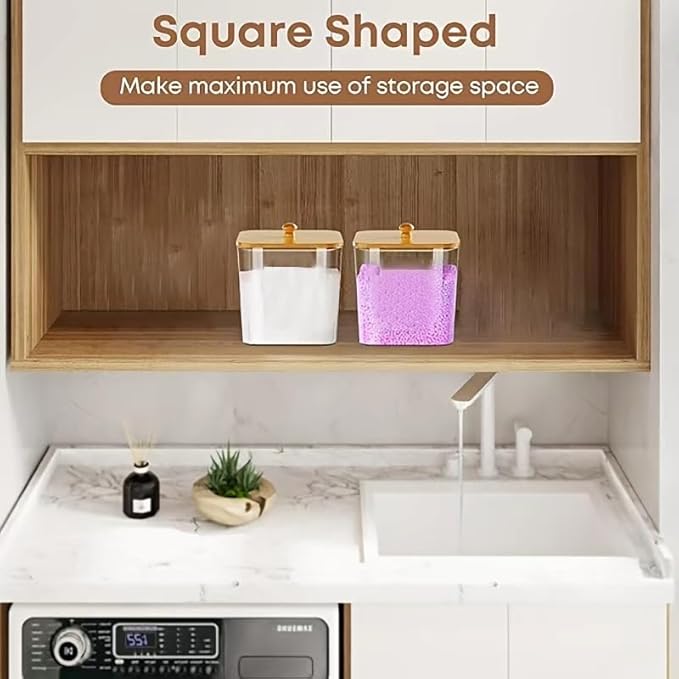 4+2-Piece Laundry Storage box: Includes transparent laundry pod storage box (with wooden lid and label) and liquid detergent container. Suitable for fabric softener, powder detergent, and laundry pods