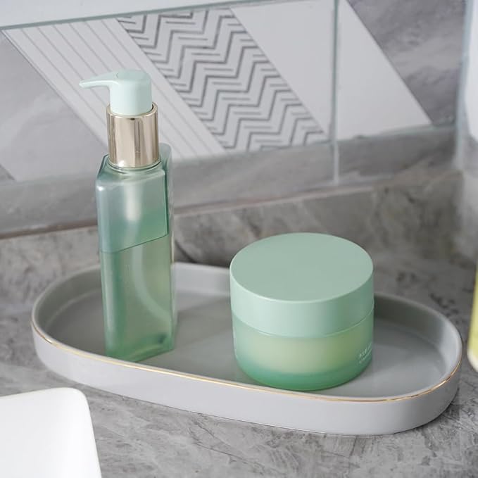 10x5 Bathroom Vanity Tray, Oval Ceramic Decorative Perfume Candle Tray for Bathroom/Kitchen Counter, Grey