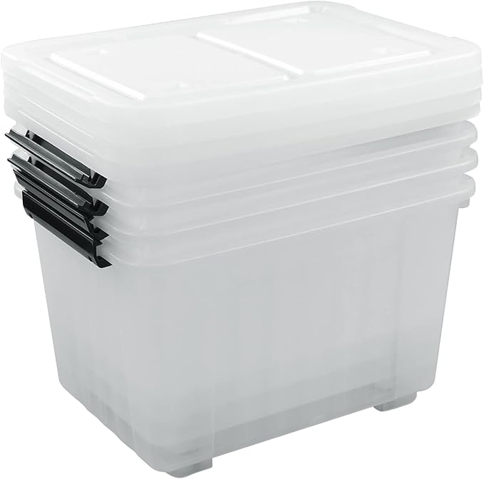 4-Pack 35 Quart Plastic Storage Bin with Secure Lid and Latching Buckles, Stackable Wheeled Container Box