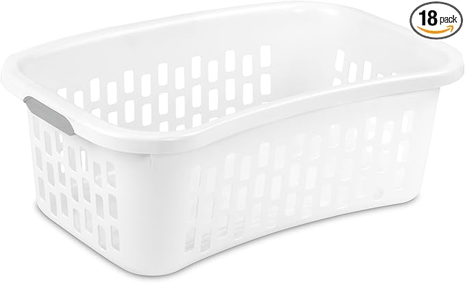 Sterilite 18 Pack HipHold Laundry Basket, Plastic Rectangle Clothes Hamper with Comfort Grip Handles & Reinforced Rim, 1.5 Bushel Capacity, White